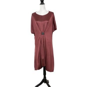 Misook Collection Knit Buckle Midi Dress L Deep Red Short Sleeve Scoop Neck